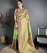 Light green pashmina silk meenakari weaving madhubani design kashmiri saree