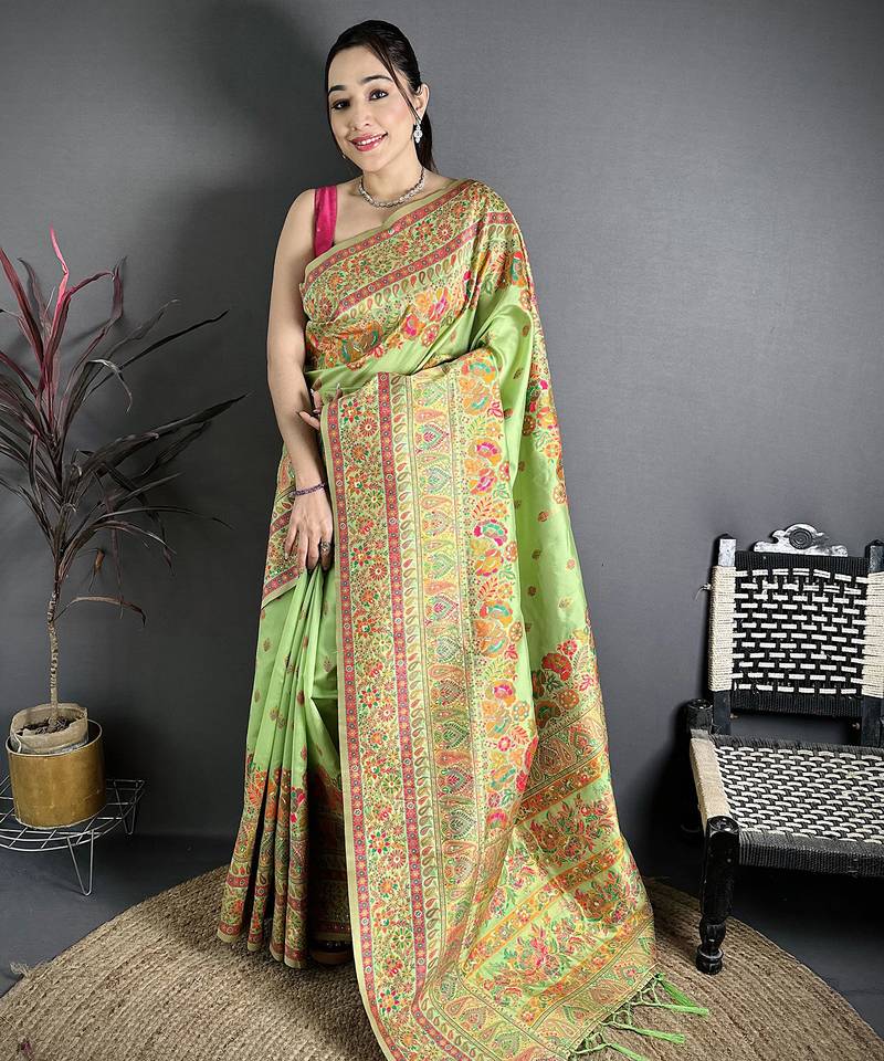 Light green pashmina silk meenakari weaving madhubani design kashmiri saree