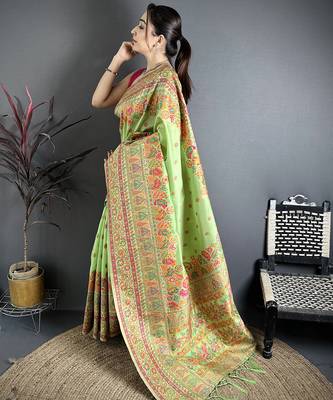 Light green pashmina silk meenakari weaving madhubani design kashmiri saree 2