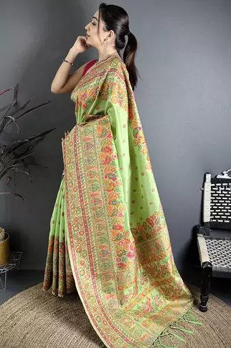 Light green pashmina silk meenakari weaving madhubani design kashmiri saree