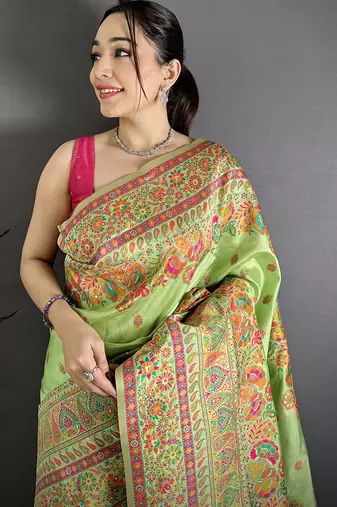 Light green pashmina silk meenakari weaving madhubani design kashmiri saree