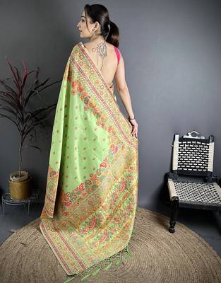 Light green pashmina silk meenakari weaving madhubani design kashmiri saree 4