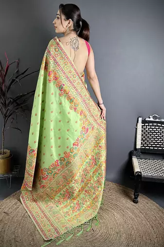 Light green pashmina silk meenakari weaving madhubani design kashmiri saree
