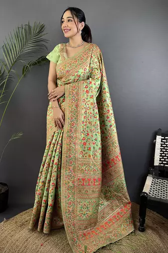 Light green pashmina silk meenakari weaving madhubani design kashmiri saree