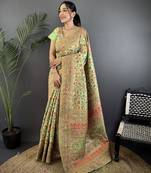 Light green pashmina silk meenakari weaving madhubani design kashmiri saree