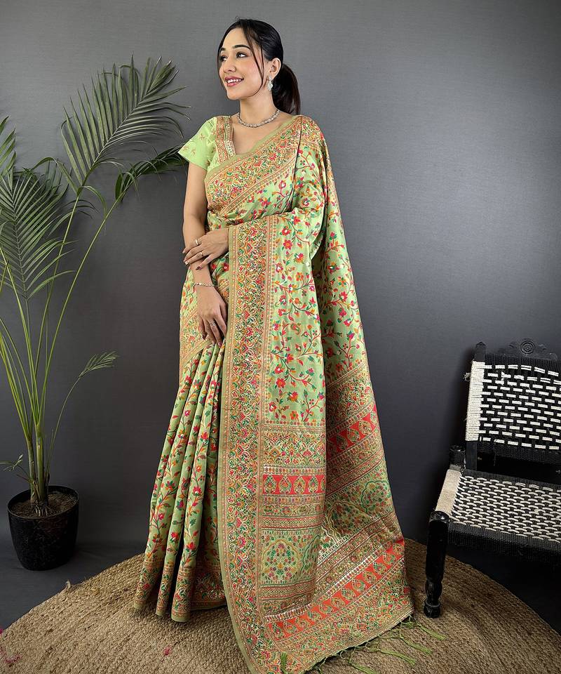 Light green pashmina silk meenakari weaving madhubani design kashmiri saree
