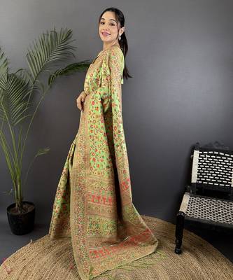 Light green pashmina silk meenakari weaving madhubani design kashmiri saree 2