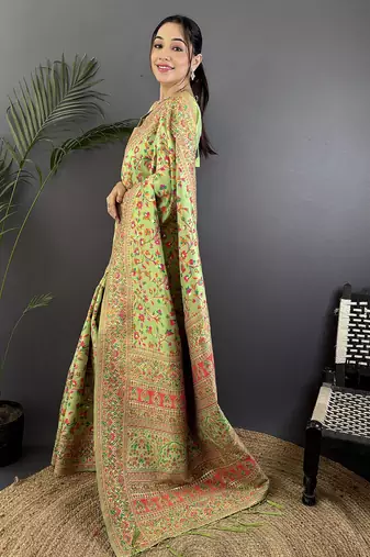 Light green pashmina silk meenakari weaving madhubani design kashmiri saree
