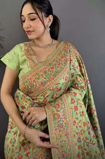 Light green pashmina silk meenakari weaving madhubani design kashmiri saree