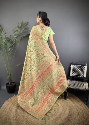 Light green pashmina silk meenakari weaving madhubani design kashmiri saree 4