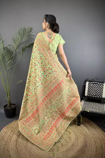 Light green pashmina silk meenakari weaving madhubani design kashmiri saree
