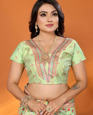 Light green pashmina silk meenakari weaving madhubani design kashmiri saree 5