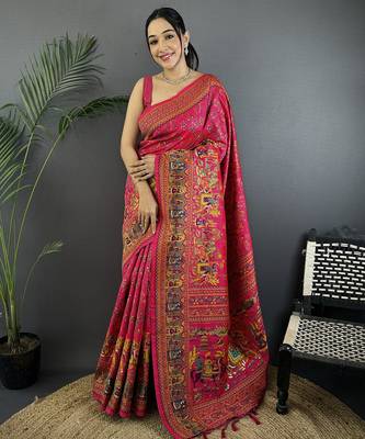 Rani pink pashmina silk meenakari weaving madhubani design kashmiri saree 1