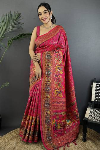 Rani pink pashmina silk meenakari weaving madhubani design kashmiri saree