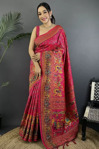 Rani pink pashmina silk meenakari weaving madhubani design kashmiri saree
