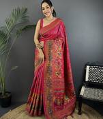 Rani pink pashmina silk meenakari weaving madhubani design kashmiri saree