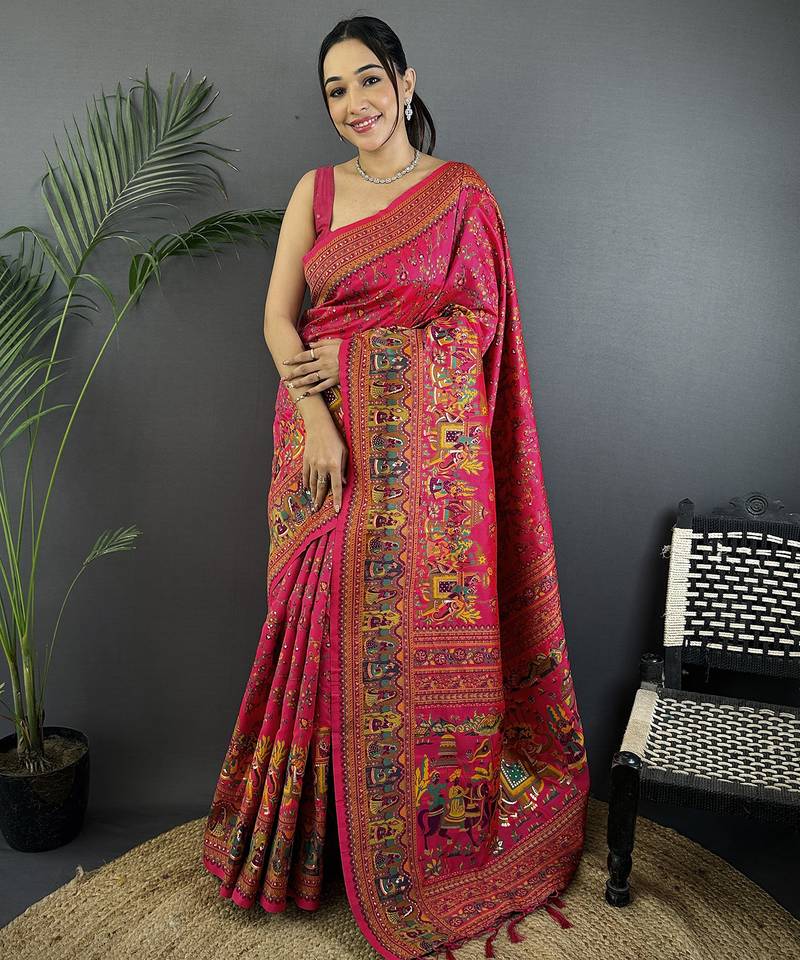 Rani pink pashmina silk meenakari weaving madhubani design kashmiri saree