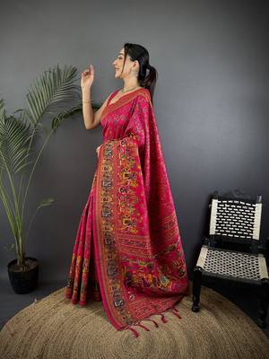 Rani pink pashmina silk meenakari weaving madhubani design kashmiri saree 2