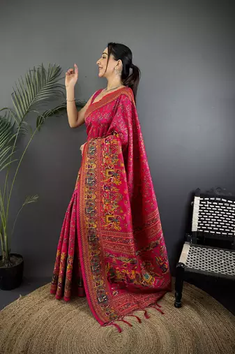 Rani pink pashmina silk meenakari weaving madhubani design kashmiri saree