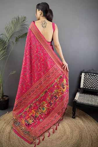 Rani pink pashmina silk meenakari weaving madhubani design kashmiri saree