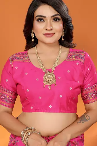 Rani pink pashmina silk meenakari weaving madhubani design kashmiri saree