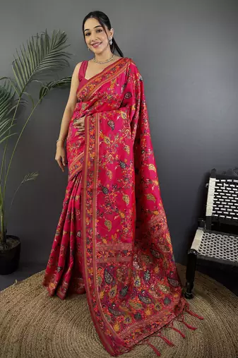 Rani pink pashmina silk meenakari weaving madhubani design kashmiri saree