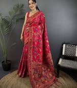 Rani pink pashmina silk meenakari weaving madhubani design kashmiri saree