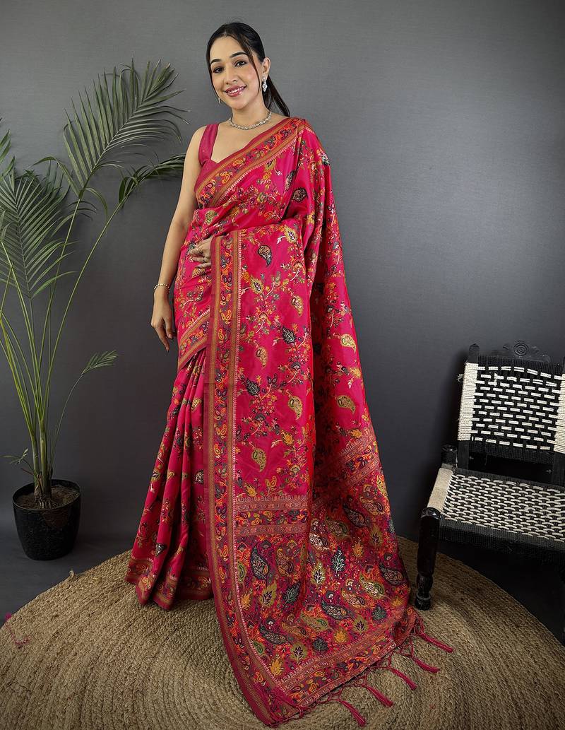 Rani pink pashmina silk meenakari weaving madhubani design kashmiri saree