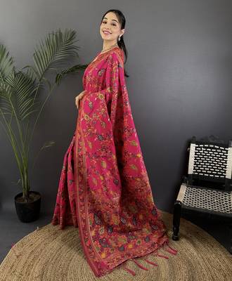 Rani pink pashmina silk meenakari weaving madhubani design kashmiri saree 2