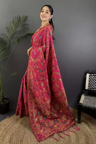 Rani pink pashmina silk meenakari weaving madhubani design kashmiri saree