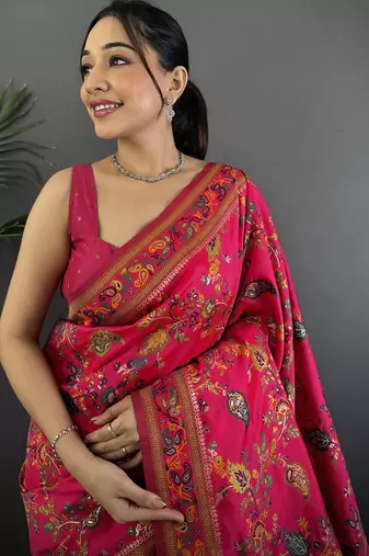 Rani pink pashmina silk meenakari weaving madhubani design kashmiri saree