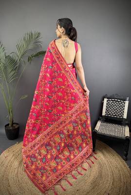 Rani pink pashmina silk meenakari weaving madhubani design kashmiri saree 4