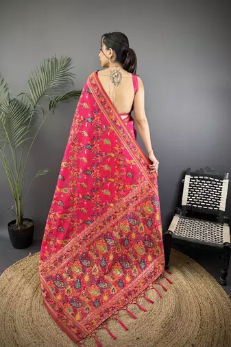 Rani pink pashmina silk meenakari weaving madhubani design kashmiri saree