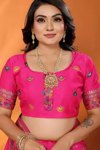 Rani pink pashmina silk meenakari weaving madhubani design kashmiri saree
