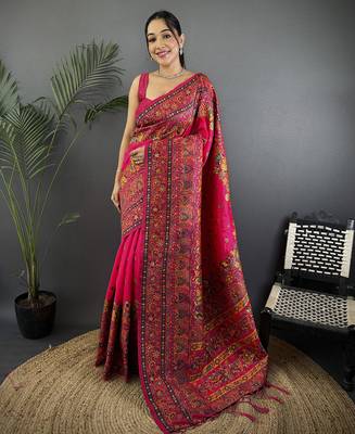 Rani pink pashmina silk meenakari weaving madhubani design kashmiri saree 1