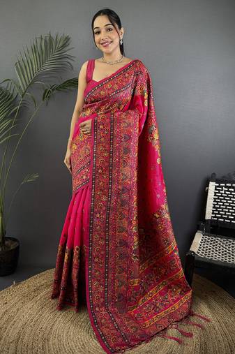 Rani pink pashmina silk meenakari weaving madhubani design kashmiri saree