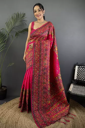 Rani pink pashmina silk meenakari weaving madhubani design kashmiri saree