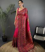 Rani pink pashmina silk meenakari weaving madhubani design kashmiri saree