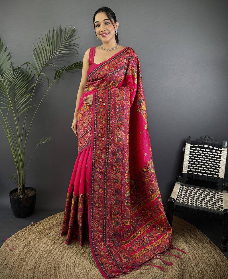 Rani pink pashmina silk meenakari weaving madhubani design kashmiri saree