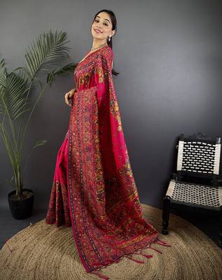 Rani pink pashmina silk meenakari weaving madhubani design kashmiri saree 2
