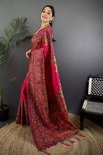 Rani pink pashmina silk meenakari weaving madhubani design kashmiri saree