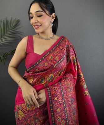 Rani pink pashmina silk meenakari weaving madhubani design kashmiri saree 3