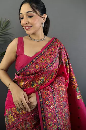Rani pink pashmina silk meenakari weaving madhubani design kashmiri saree