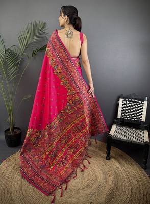 Rani pink pashmina silk meenakari weaving madhubani design kashmiri saree 4