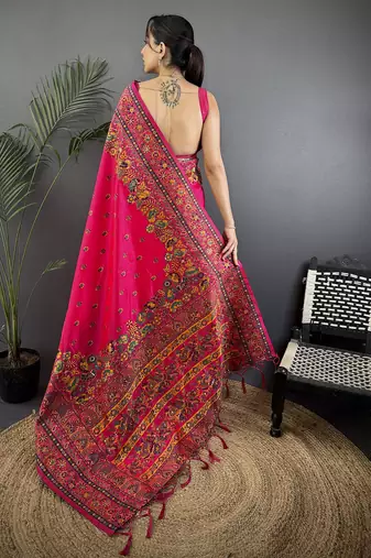 Rani pink pashmina silk meenakari weaving madhubani design kashmiri saree