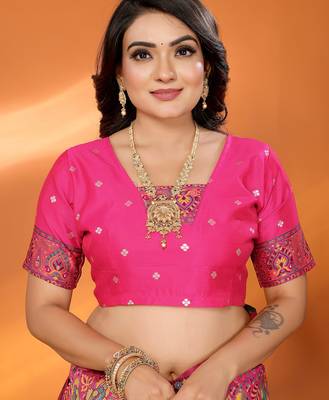 Rani pink pashmina silk meenakari weaving madhubani design kashmiri saree 5