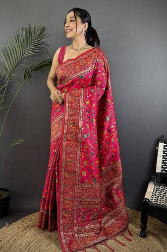 Rani pink pashmina silk meenakari weaving madhubani design kashmiri saree