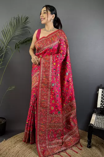 Rani pink pashmina silk meenakari weaving madhubani design kashmiri saree