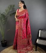 Rani pink pashmina silk meenakari weaving madhubani design kashmiri saree