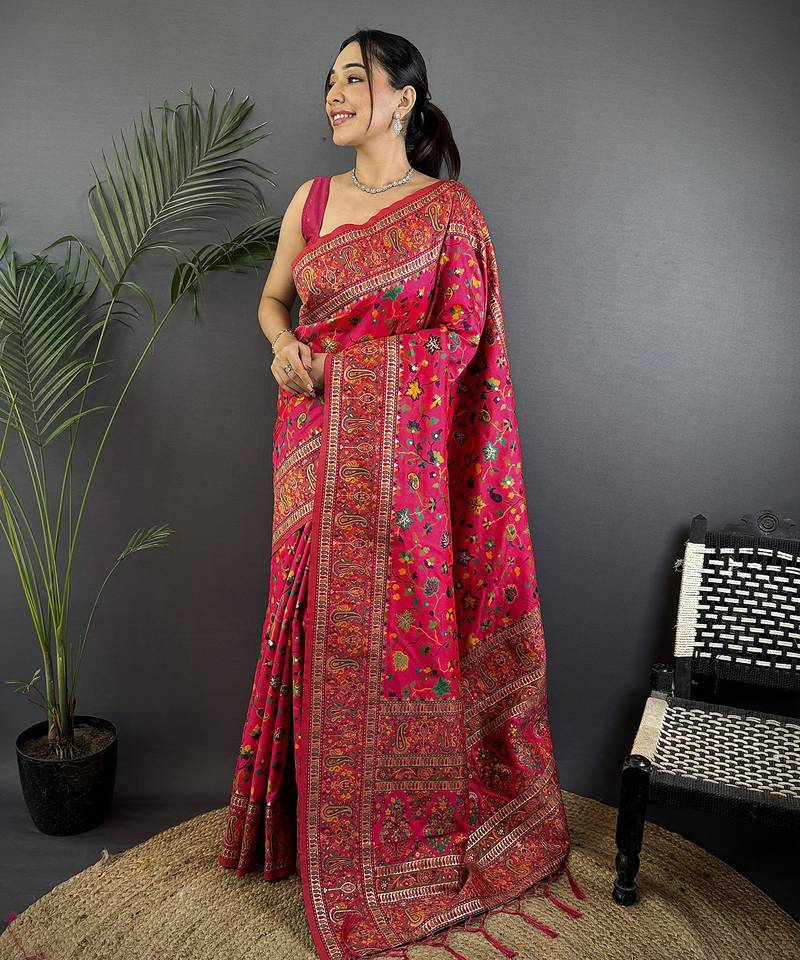 Rani pink pashmina silk meenakari weaving madhubani design kashmiri saree